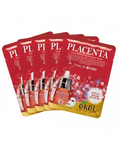 EKEL Набор масок для лица с экстрактом плаценты Placenta Ultra Hydrating Essence Mask 5шт.