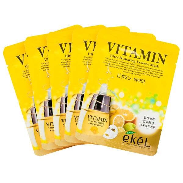 EKEL Набор тканевых масок с витаминами С VITAMIN Ultra Hydrating Essence Mask, 5 шт.* 25 мл.